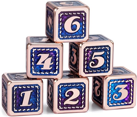 DNDND Dragon Scale D6 Dice Set, 6 PCS Dragon Scale Metal D6 Dice with Free Black Velvet Bag for DND Pathfinder Shadowrun or GURPs (Teal and Purple with Copper Edge)