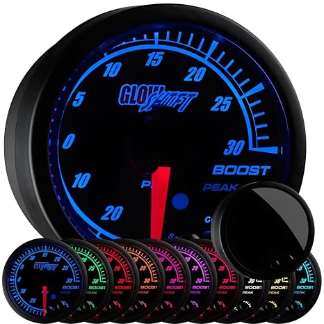 GlowShift Elite 10 Color 30 PSI Turbo Boost Vac Gauge Kit, 2-1/16" 52mm