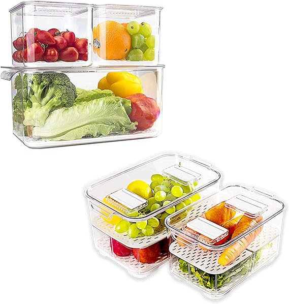 elabo Food Storage Containers Fridge Produce Saver- Stackable Refrigerator Organizer Keeper Drawers Bins Baskets with Lids and Removable Drain Tray for Veggie, Berry and Fruits
