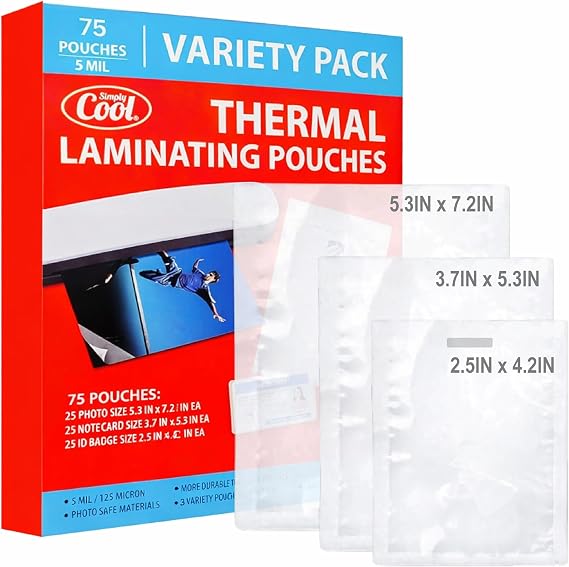 Simply Cool 5 Mil Thermal Laminating Sheets Pouches 75ct for Laminator | Thermal Laminating Pouches for Photo, Card, Notecard Sizes, for Office and School Supplies, Fits all Laminator Machine