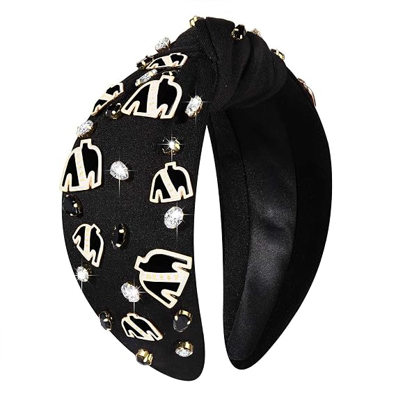NVENF Hairband - Derby C-Black, Fabric, Rhinestone and Metal Knotted Jeweled Wide Top Knot Headband for Women, Horse Racing Hair Accessory
