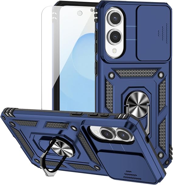 for Samsung Galaxy S25 Edge Case, with Camera Lens Cover HD Screen Protector, Military-Grade Drop Tested Magnetic Ring Holder Kickstand Protective Phone Case for Samsung Galaxy S25 Edge (Navy Blue)