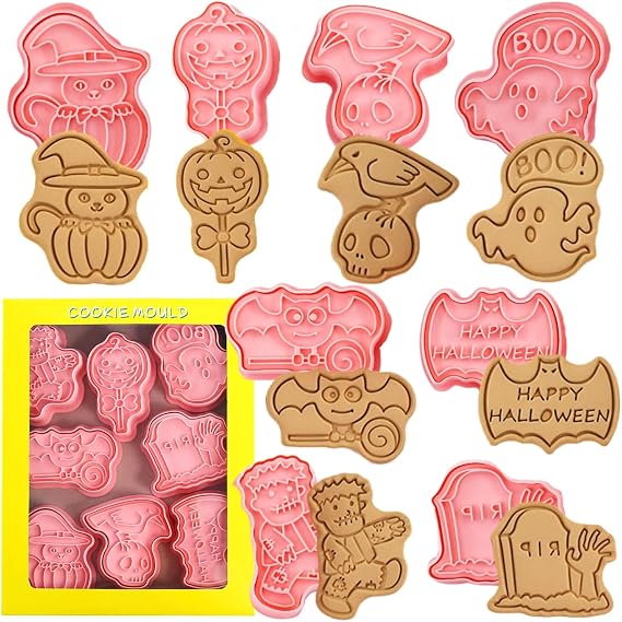 Halloween Cookie Cutter Set, 8 Pcs Plastic Molds | Ghost, pumpkin, bat, skull and cat shapes for cookies, fondant, cake toppers and party treats.