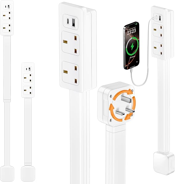 Extendable Swivel Socket Expander - 2 AC + USB Ports, 19-28 Inch for Tight Spaces/Behind Furniture