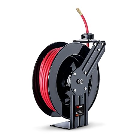 ReelWorks Retractable Air Hose Reel, 3/8" x 50 ft, 300 PSI, Hybrid | Keeps its hybrid hose flexible from -40F to 176F for year-round shop use