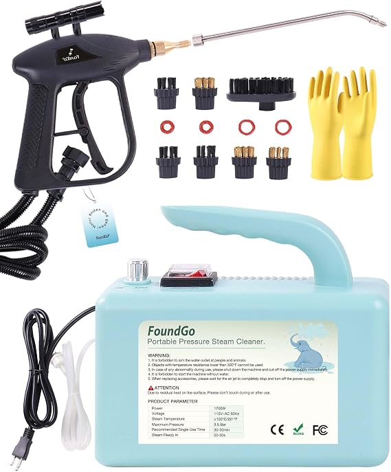 FoundGo 1700W Tankless Handheld Steam Cleaner with 7 Brushes 20s Heating to 239F Pressurized Portable Steam Cleaner, Cleaning Home/Kitchen/Car & More-Blue