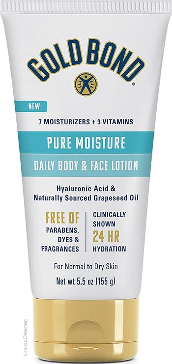 Gold Bond Pure Moisture Lotion, 5.5 oz., Ultra-Lightweight Face Lotion | Daily moisture, face and body lotion with hyaluronic acid, Ultra-lightweight lotion, 24-hour hydration, doesn't clog pores