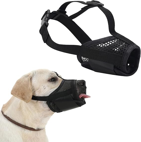 Soft Mesh Dog Muzzle - Adjustable Breathable Mask, Mouth Cover for Anti-Biting, Anti-Barking, Allows Panting, Drinking (Size M, Snout 19-24CM)