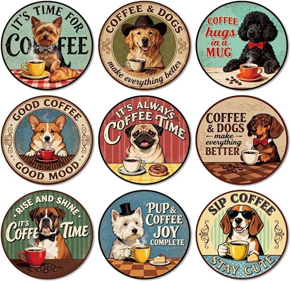 ANATTASOUL Wood Coasters Set of 9 for Drinks Retro Funny Dog Colorful Wooden Cup Mat for Coffee Table Decor, 3.9" Round Desk Coasters for Home, Apartment, Office, Bar Gifts