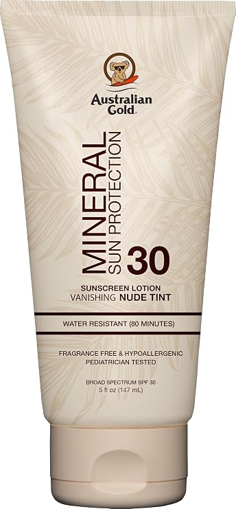 Australian Gold SPF 30 Mineral Body Lotion Sunscreen, Nude Tint, 5 fl oz | Tinted mineral lotion, nude tint, no white cast, blue light protection, 4% zinc oxide, fragrance free