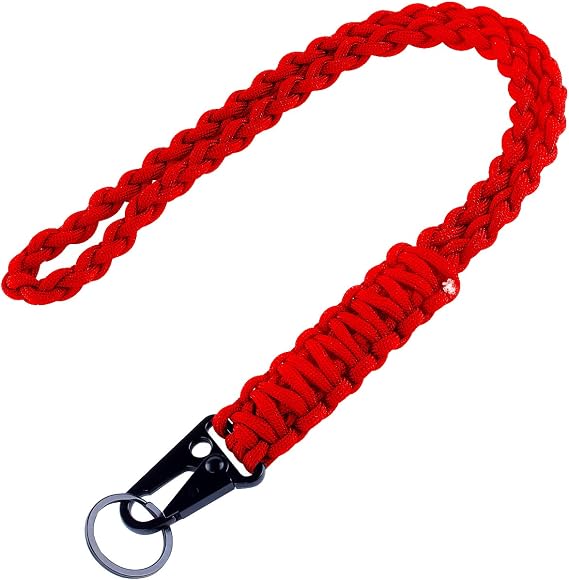 Heavy Duty Braided 550 Paracord Neck Lanyard Keychain for Men Women Outdoor Survival, Parachute Rope Necklace Keychains with HK Clip Key Ring for ID Card Badge Holder, Camera, Wallet and Keys (Red)