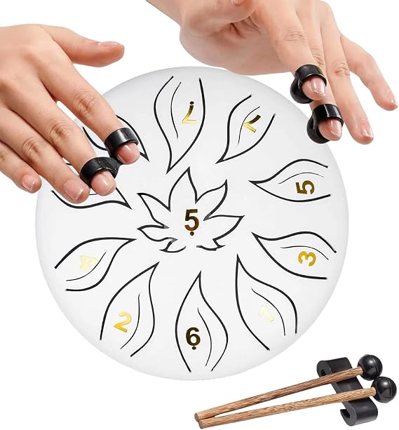 Steel Tongue Drum for Beginner Adult Children, 6 Inches 11 Tones Percussion Instrument Handpan Drum Kit with Drum Mallets Carry Bag Music Book Tank Drum for Mind Healing Yoga (White)