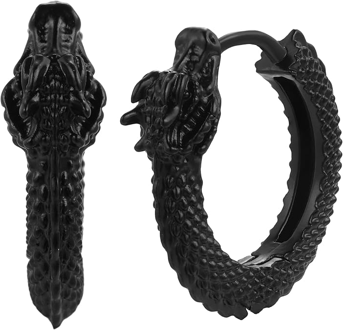 Dragon/Skull Earrings for Men Women Gothic Huggie Hoop/Stud Earrings Black/Silver/18K Gold Plated 316L Stainless Steel Lightweight Dragon/Skull Jewelry Gifts for Punk Rock Fans