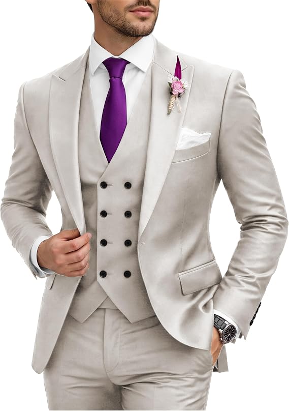 Wangyue 3 Piece Suit Slim Fit Double Breasted Mens Suits for Wedding Party Formal Prom One Button Blazer Vest Pants Sets