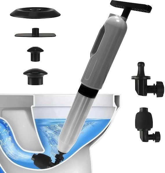 High Pressure Toilet Plunger, Multi-Purpose Household Heavy Duty Toilet Auger with 6 Heads, 8 Bar Plungers for Bathrooms, Floors, Showers and More, Grey.