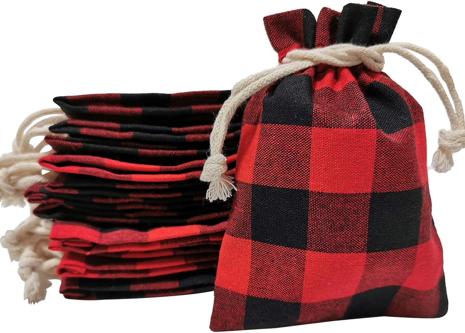 Christmas Gifts Drawstring Bags Xmas Buffalo Plaid Cotton Linen Treat Candy Small Burlap Bags Sachet Bag for Birthday Wedding Party Favors Supplies,12 Pcs red black buffalo plaid