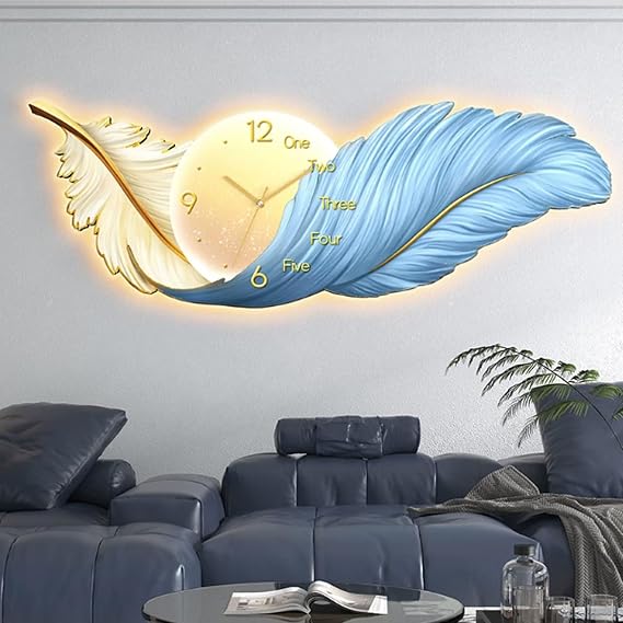 3D Feather Wall Clock with LED Light, Large Silent Non-Ticking Crystal Porcelain Sculpture, Modern Art Decor Clock for Living Room Bedroom Office(Blue,100x35cm/39.4x13.8in)
