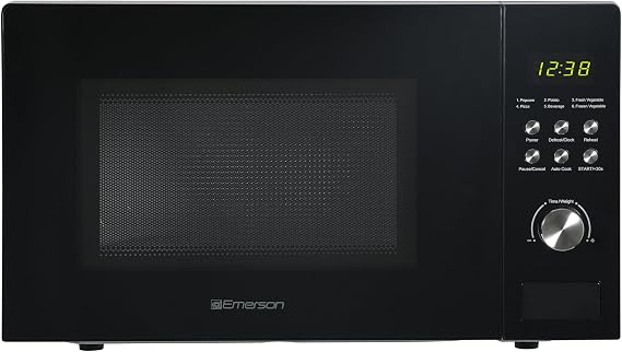 Emerson MW1101B-A Countertop Microwave Oven with Button Control, LED Display 1000W, 10 Power Levels, 6 Auto Menus, Glass Turntable and Child Safe Lock, 1.1 Cu. Ft., Black