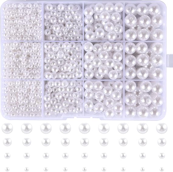 1320Pcs White Pearl Beads Bulk, 4mm 6mm 8mm 10mm Loose Pearl Bead with Hole | Mixed Size Beads, Round Imitation for Craft DIY Jewellery Bracelet Earring Making
