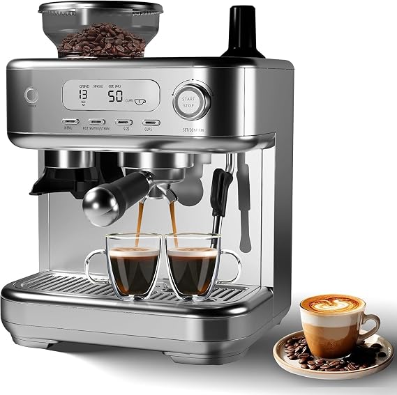 Towallmark 20 Bar Espresso Machine with Integrated Grinder | Professional Coffee Maker with Milk Frother & LCD Display | Stainless Steel Home Barista System (Single/Double Brew)