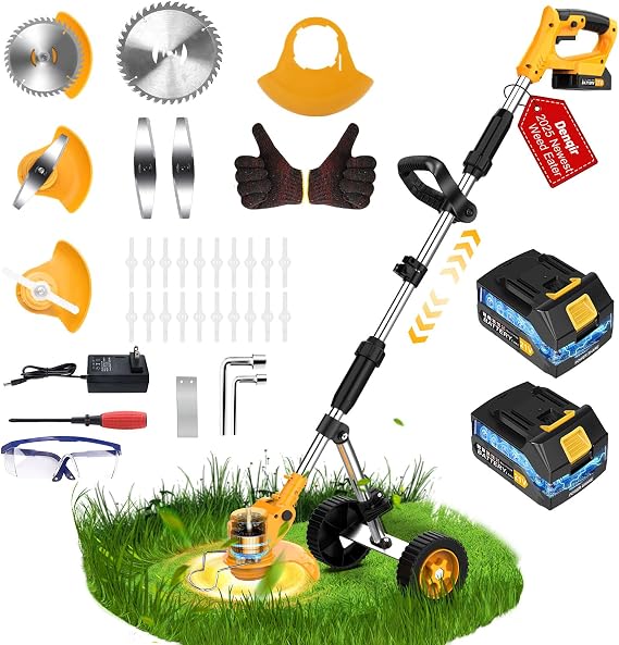 Electric Weed Wacker Cordless Weed Eater Battery Powered 21V, 4-in-1 Brush Cutter/String Trimmer/Grass Trimmer/Lawn Mower, 6 inch Lightweight Edger Stringless Weed Trimmer with Wheel & Blade,2 Battery