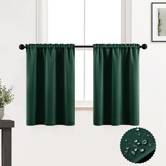 XTMYI Waterproof Blackout Valances Dark Green Bathroom Small Curtains Window, 30 Inch Length