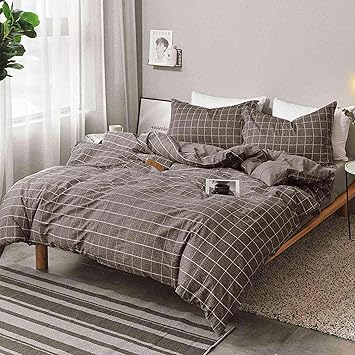 Nanko Grid Duvet Cover Twin Set, 2 Pieces 1200 TC Luxury Microfiber Down Comforter Quilt Cover with Zipper Closure, Ties - Grey Modern Bedding for Men Teen Seniors, Plaid Gray Brown