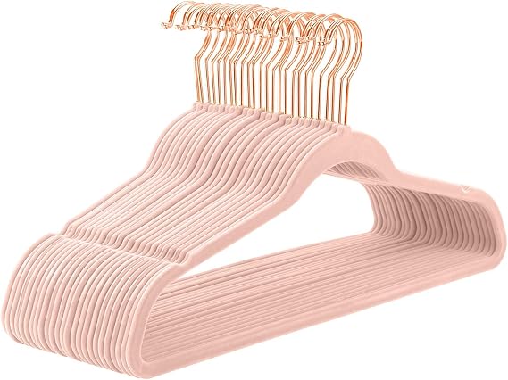 MIZGI Velvet Hangers 50 Pack Non Slip Heavy Duty Blush Pink Rose Gold Hooks
