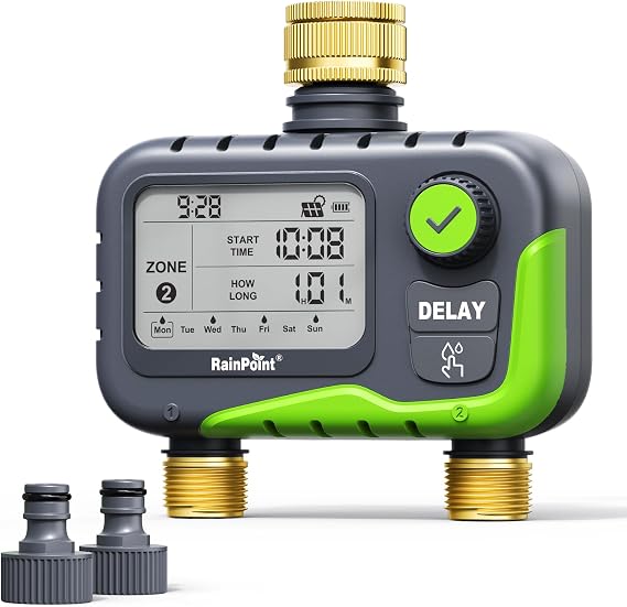 RAINPOINT 2-Zone Water Timer with Large All-in-One LCD Display, Dual Ports for Rain Sensor & Solar Panel, Rain Delay, IP65 Waterproof Outdoor Hose Timer