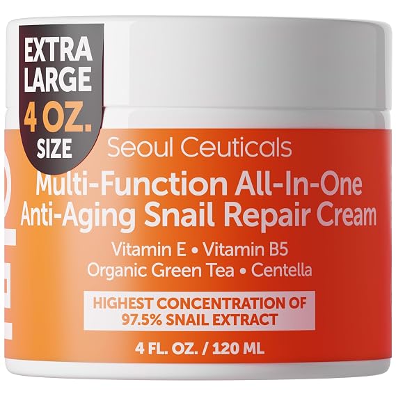 SeoulCeuticals 97% Snail Mucin Korean Face Moisturizer Skin Care Cream 4oz | Large Day & Night Repair Anti Wrinkle Anti Aging K Beauty Skincare, Natural, Organic, Cruelty Free for Oily, Normal, Dry Skin