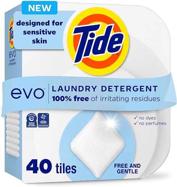 Tide evo Laundry Detergent Free & Gentle Concentrated Laundry Travel Detergent and Instant Dissolve Fights Stains Better than Leading Detergent Sheet, 40 Count (Packaging May Vary)