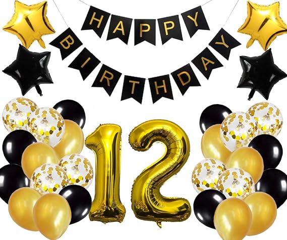 12th Birthday Party Decorations Kit Happy Birthday Banner with Number 12 Birthday Balloons for Birthday Party Supplies 12th Gold and Black Birthday Party Pack