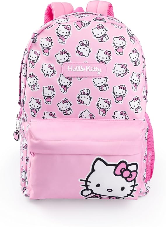 Hello Kitty Girls Pink Backpack | Zip-Up School Rucksack with Character Print | Cartoon Streetwear Bag for Kids | Durable Daily Use & Travel Bag Merch