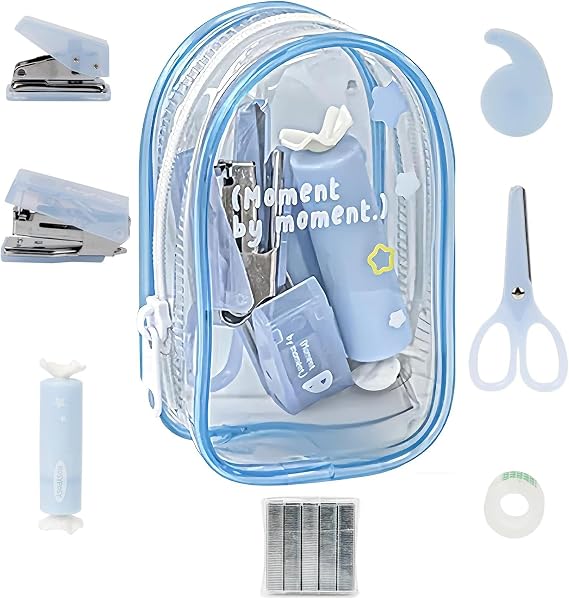 7pcs Mini Stationary Kit with Compact Scissors Hole Punch Portable Stapler Mini School Supplies Kit Blue Stapler and Tape Dispenser Set for Students Christmas Gifts (Blue)