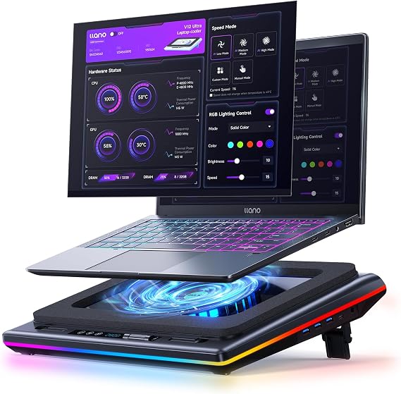 llano V12 Ultra Laptop Cooling Pad with Smart Software Control RGB Gaming Laptop Fan Cooler Stand with 5.5" Turbo Fan Speed Adjustable 3 USB 3.0 Ports 3 Height Stand for 15.6"-19" Laptops, Black | Laptop Stand RGB, 14cm Turbo Fan, Speed Adjustable, 3 Port USB 3.0 Hub, 3 Height Stands, for 15.6"-19" Gaming Laptop, Black