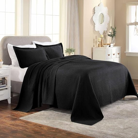 Superior Basketweave Cotton 2 Piece Bedspread Set, Home Bed Decor, Decorative Textured Bed Spread, 1 Pillow Sham, Airy Blanket, Matelasse Coverlet Bedding, Lattice Pattern, Twin, Black