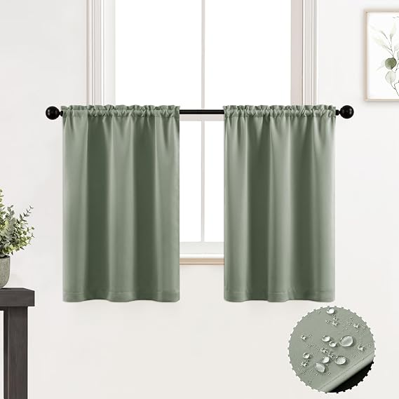 XTMYI Sage Green Waterproof Blackout Small Tier Curtains 36 Inch Length Bundle with 36 Inch Sage Green Ivy Leaf Boho Curtains Add Aesthetic for Bedroom Decor