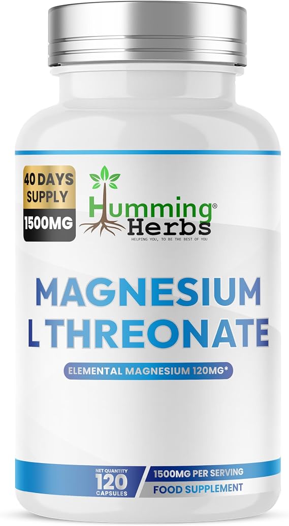 Humming Herbs Magnesium L-Threonate Supplement 1500mg per Serving | Provides 120mg Elemental Magnesium (30% NRV) | 120 Vegan Capsules | 40 Day Supply