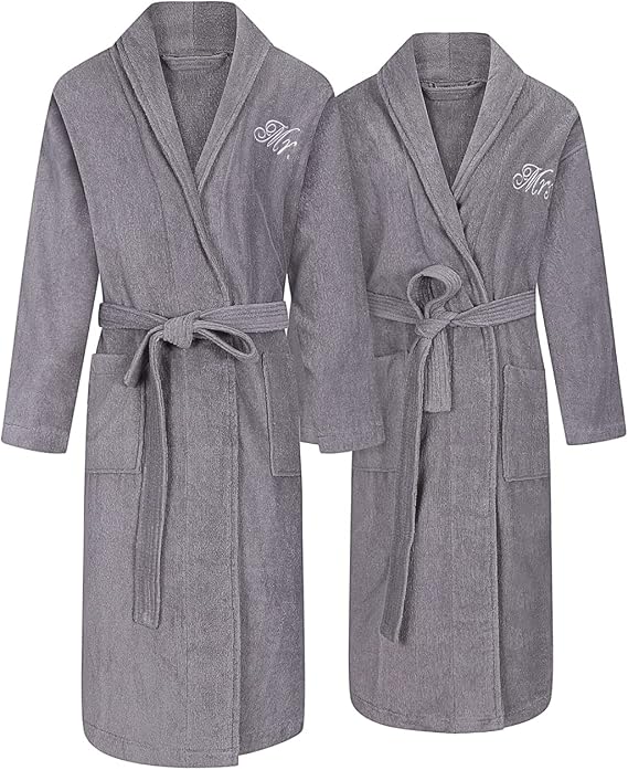 Romance Helpers Mr and Mrs Robes Set of 2 for Couples, Extra Thick Long Sleeve 100% Terry Cotton, Shawl Collar