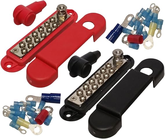 JQuad(Pair - Red & Black) 12 Terminal Distribution Block -BUSBARS- with Ring Terminals