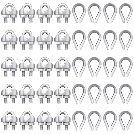 Demissle 40 Pcs 1/8'' Wire Cable Clamps Kit M3 Rope Clip Braided Kit Metal Stainless Steel Thimbles for 1/8" Diameter Wire Rigging Tent Rope Guard Railing System