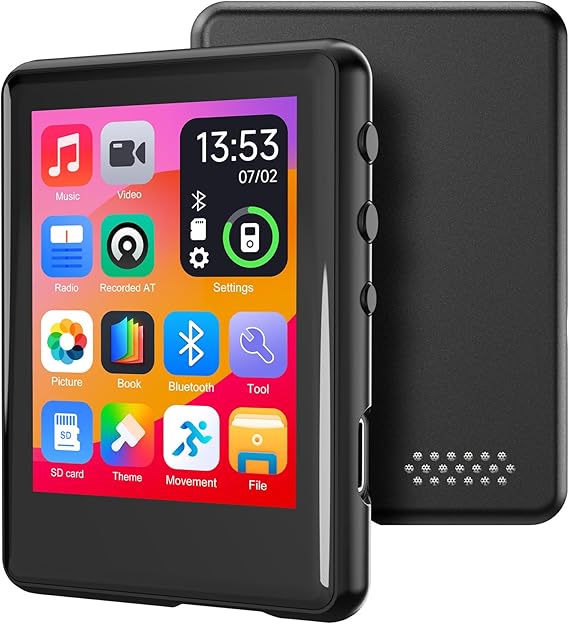 Mp3 Player with Bluetooth5.4,Portable Digital Music Device with Speaker,FM Radio,Voice Recording,Earphones,for Kids,Built-in Micro SD Card Slot,Full Touch Screen Easy to Use,Max 512GB Expand