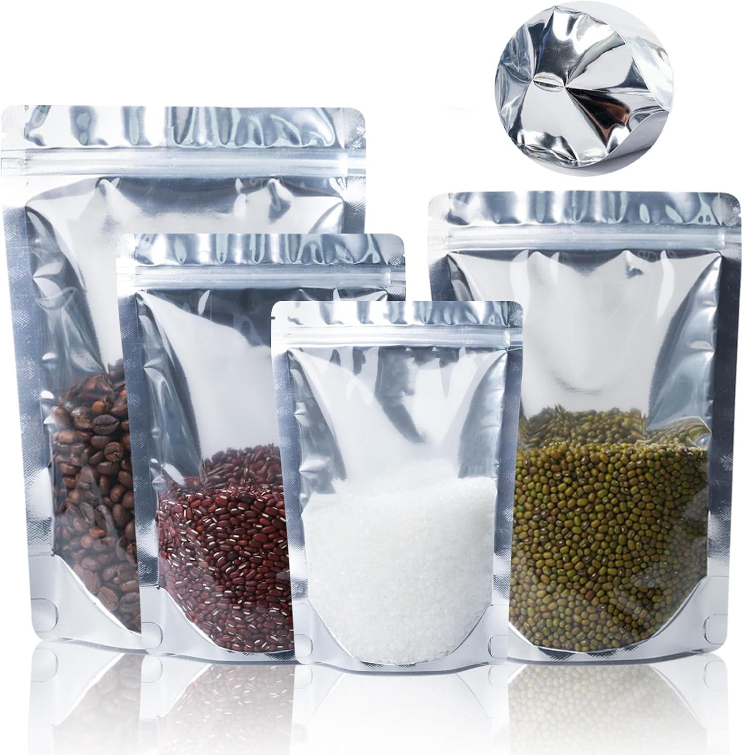 100 Pack Resealable Mylar Bags with Window for Food Storage,Stand Up Smell Proof Bags,Pouch Food Packaging Heat Seal Bags for Candy,Jewelry, Foil, Bulk Silver, 5.51x7.87 inch