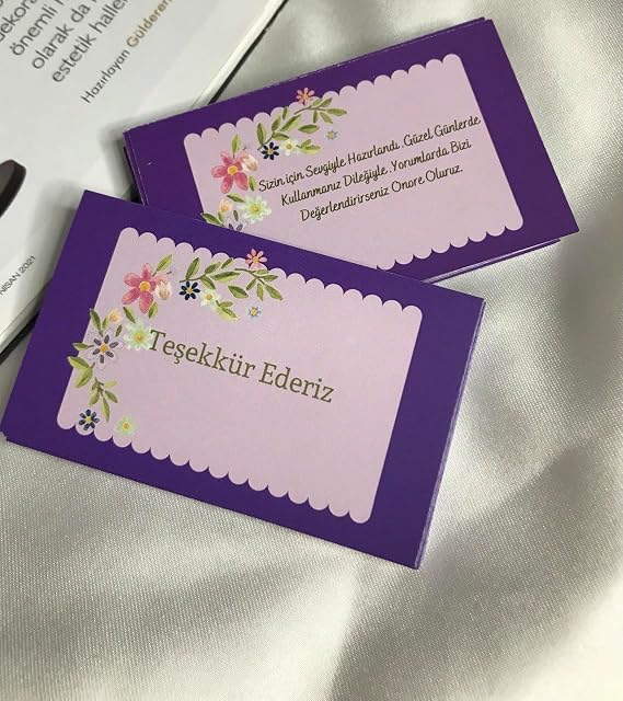 Mor Çiçekli Teşekkür Ederiz Kartı 20'li Set Çift Taraflı Mesaj Kartı 8x5 cm Tebrik Hediye – casalinghi