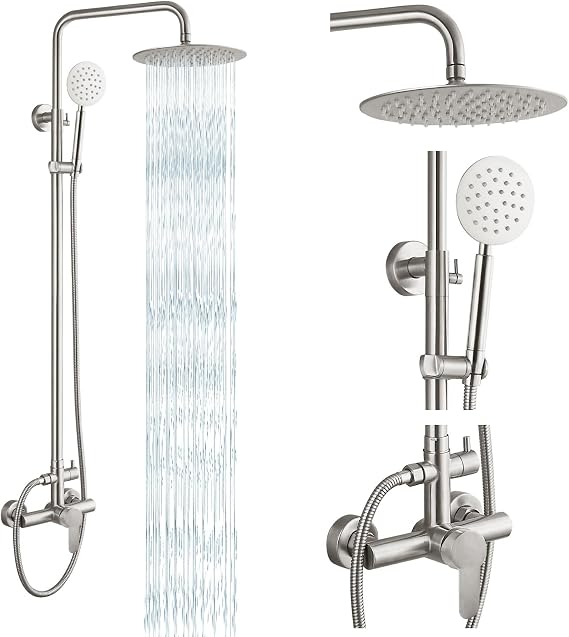 gotonovo Outdoor Shower 304 Stainless Steel, Brushed Nickel, Single Handle | Rain 8 Inch Outdoor Shower Head with Handheld Kit Fixtures System Faucet Set with Valve Wall Mount for Seaside Backyard Pool