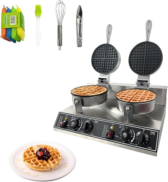 Double Head Commercial Waffle Maker, 2400W Stainless Steel Nonstick Waffle Iron with 122F to 572F Temp Range & Time Control, Perfect for Home Cafe Restaurant Snack Bar Bakeries