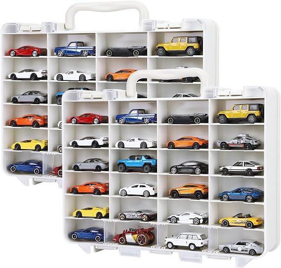 Saichotoy Storage Case for Hot Wheels, 2-Pack Carrying Display Cases, Beige | 48-Slot Double-Sided 1/64 Toy Car Storage Cases with Clear Lids, Beige Frames, Anti-Slip Steps and Adjustable Dividers