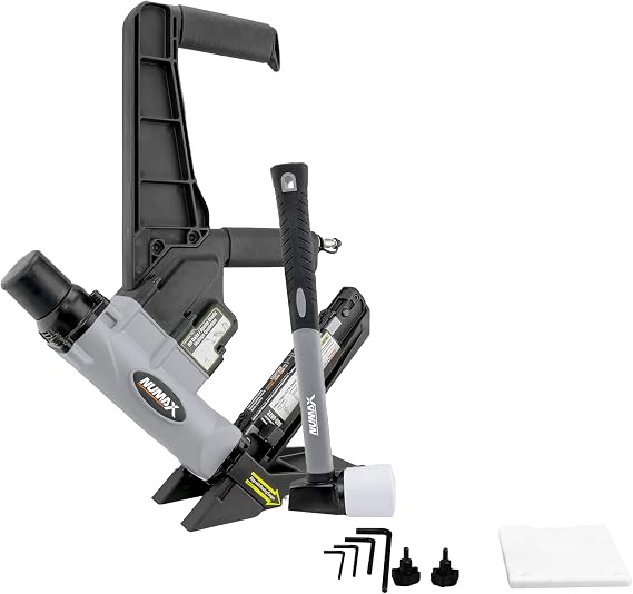 NuMax S50LSDH Pneumatic 2-in-1 15.5-Gauge and 16-Gauge 2" Dual Handle Flooring Nailer / Stapler with Flooring Mallet and Interchangeable Base Plates