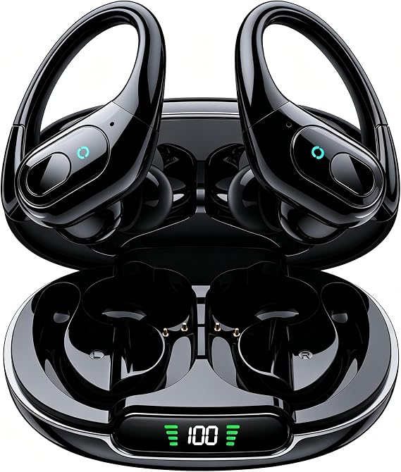 occiam Active Noise Cancelling Earbuds Wireless Bluetooth Headphones | Ear Buds 90Hrs Playback Stereo Bass Earphones with Mic Over-Ear Hooks IPX7 Waterproof Headset for Sports Running Glossy Black