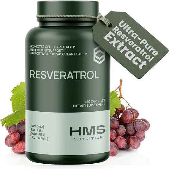 HMS Nutrition Resveratrol 1400 mg per Serving 120 Vegan Capsules | HighPotency TransResveratrol with Acai, Grape Seed & Green Tea | Antioxidant, Cellular & Heart Support